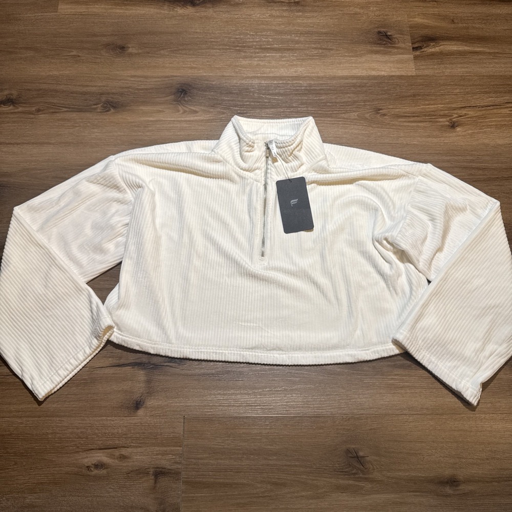 Fabletics Plush Rib Half Zip Sweatshirt Crop Top, Bone White, XL‎ New With Tags